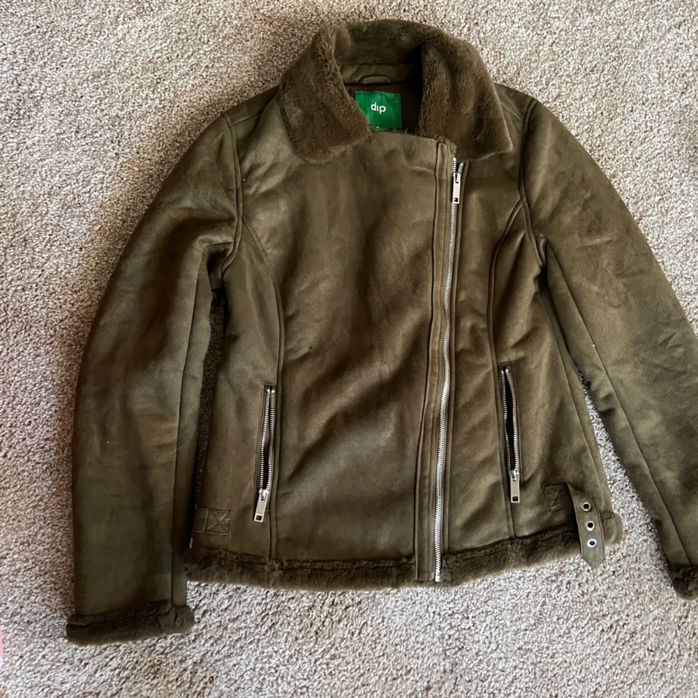 Winter fur- lined jacket, suede like- size medium. Army green